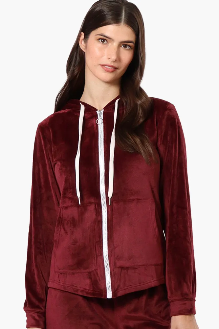 Mikk Hooded Velour Plush Pajama Top - Burgundy
