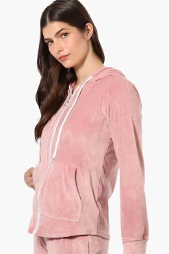 Mikk Hooded Velour Plush Pajama Top - Pink