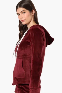 Mikk Hooded Velour Plush Pajama Top - Burgundy
