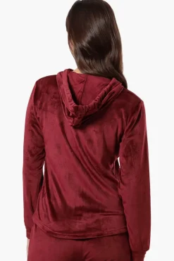 Mikk Hooded Velour Plush Pajama Top - Burgundy
