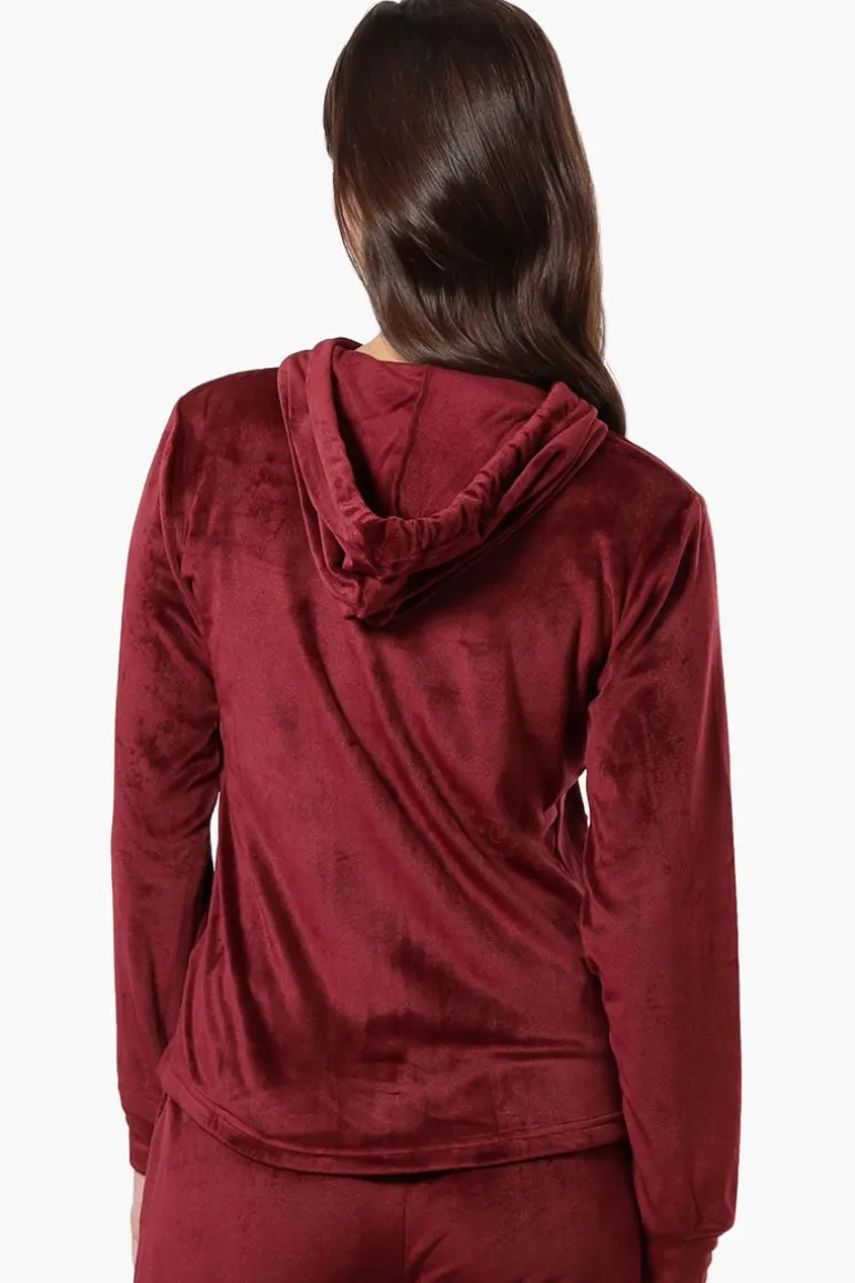 Mikk Hooded Velour Plush Pajama Top - Burgundy