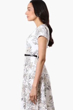 Runaway Bay Floral Belted Skater Day Dress - White