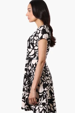 Runaway Bay Patterned Belted Skater Day Dress - Black