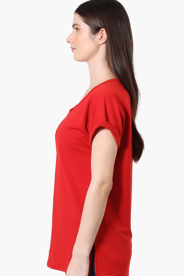 Runaway Bay Sport Cuffed Sleeve V-Neck Tee - Red