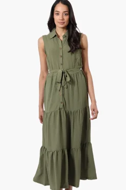 Stylexchange Belted Tiered Front Button Maxi Dress - Olive
