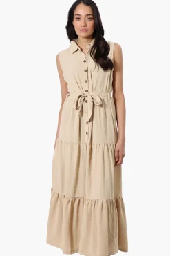 Stylexchange Belted Tiered Front Button Maxi Dress - Beige