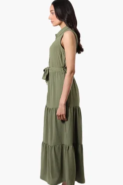 Stylexchange Belted Tiered Front Button Maxi Dress - Olive