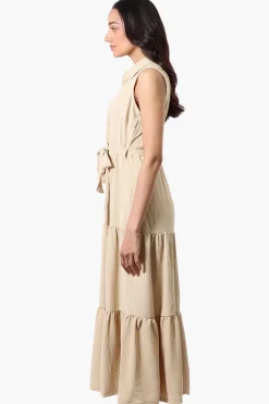 Stylexchange Belted Tiered Front Button Maxi Dress - Beige
