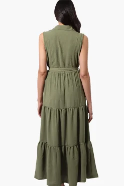 Stylexchange Belted Tiered Front Button Maxi Dress - Olive