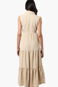 Stylexchange Belted Tiered Front Button Maxi Dress - Beige