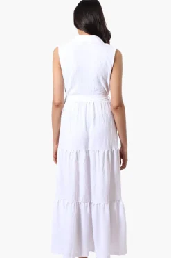 Stylexchange Belted Tiered Front Button Maxi Dress - White
