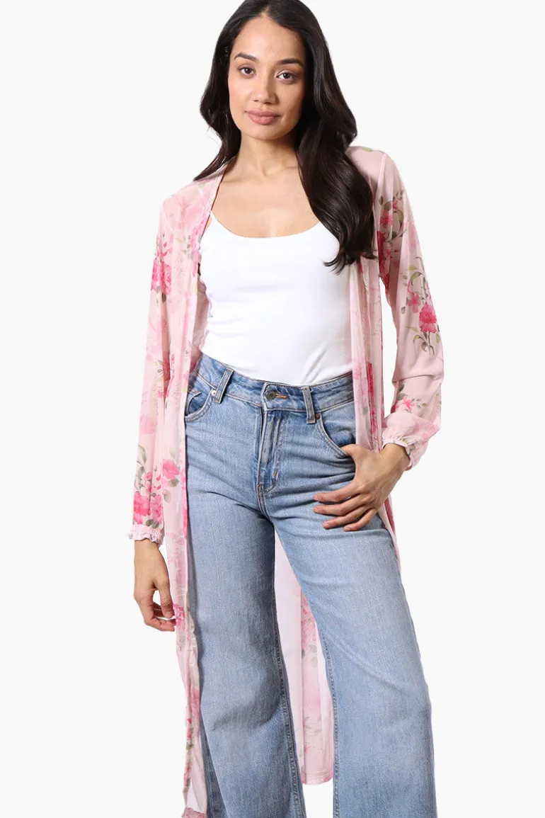 Stylexchange Floral Long Sleeve Sheer Duster Cardigan - Pink