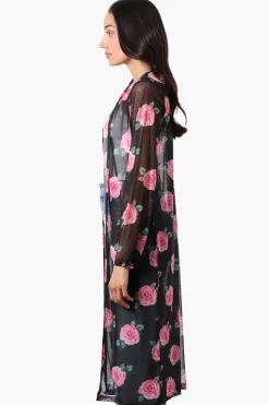 Stylexchange Floral Long Sleeve Sheer Duster Cardigan - Black