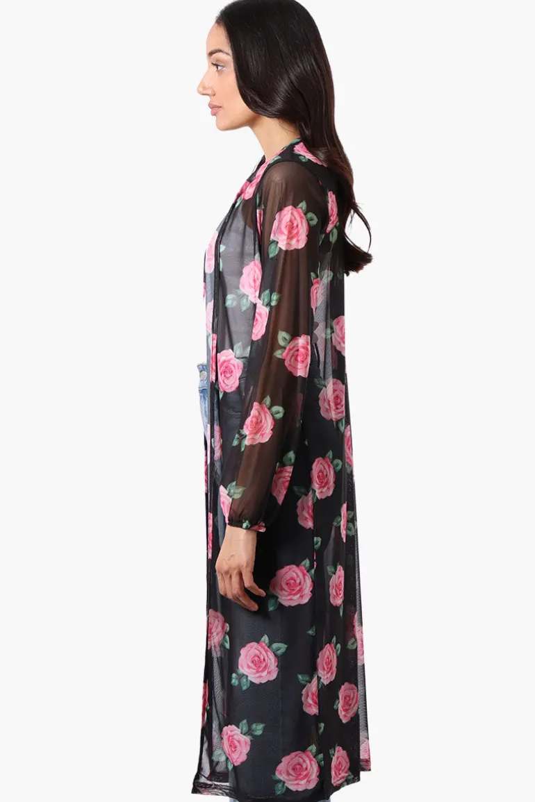 Stylexchange Floral Long Sleeve Sheer Duster Cardigan - Black