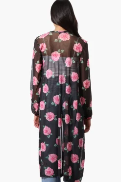 Stylexchange Floral Long Sleeve Sheer Duster Cardigan - Black