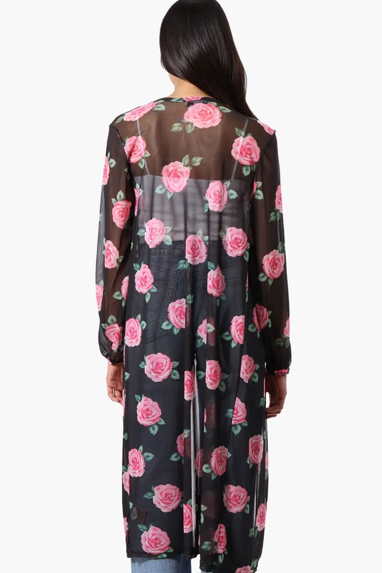 Stylexchange Floral Long Sleeve Sheer Duster Cardigan - Black