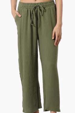 Stylexchange Tie Waist Wide Leg Crinkled Pants - Olive