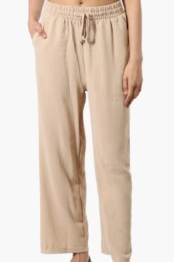 Stylexchange Tie Waist Wide Leg Crinkled Pants - Beige