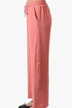 Stylexchange Tie Waist Wide Leg Crinkled Pants - Coral