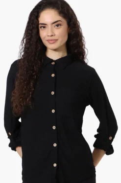 Stylexchange Vintage Button Down Roll Up Sleeve Shirt - Black