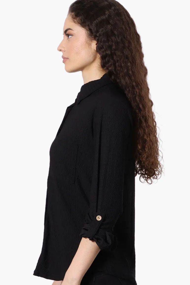 Stylexchange Vintage Button Down Roll Up Sleeve Shirt - Black