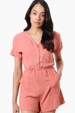 Urbanology Back Tie Button Up Romper - Pink