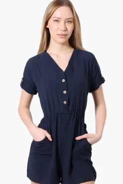 Urbanology Back Tie Button Up Romper - Navy