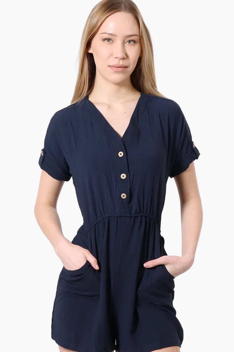 Urbanology Back Tie Button Up Romper - Navy