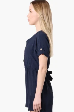Urbanology Back Tie Button Up Romper - Navy