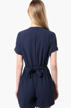 Urbanology Back Tie Button Up Romper - Navy