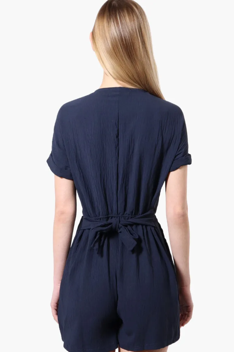 Urbanology Back Tie Button Up Romper - Navy