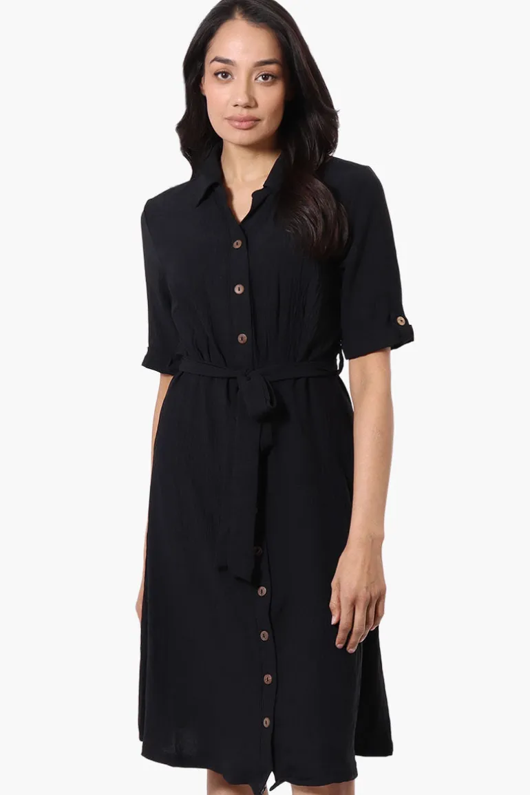 Urbanology Belted Roll Up Sleeve Day Dress - Black