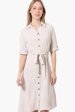 Urbanology Belted Roll Up Sleeve Day Dress - Cream