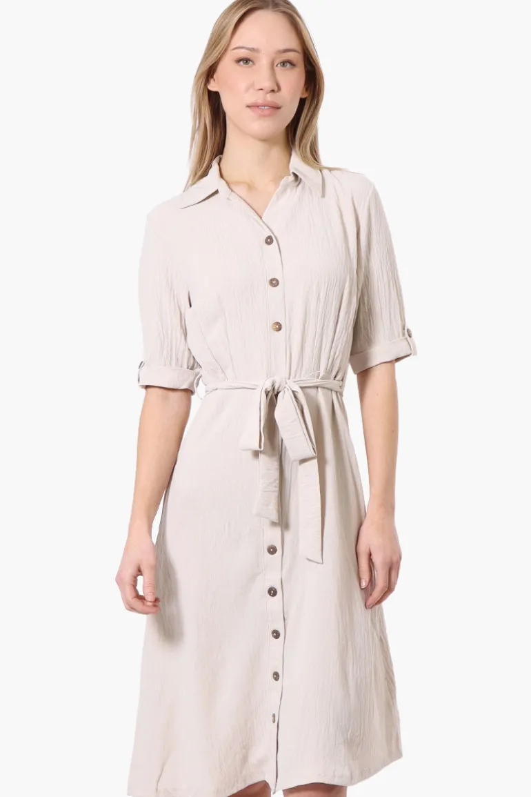 Urbanology Belted Roll Up Sleeve Day Dress - Cream