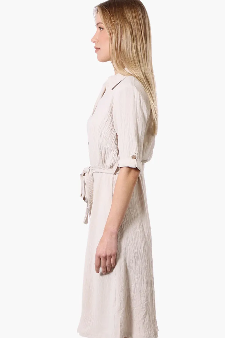 Urbanology Belted Roll Up Sleeve Day Dress - Cream