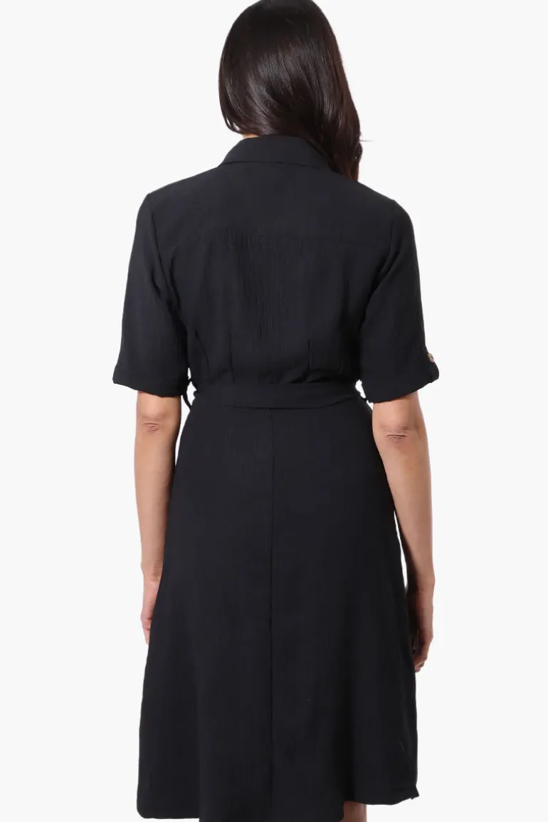 Urbanology Belted Roll Up Sleeve Day Dress - Black