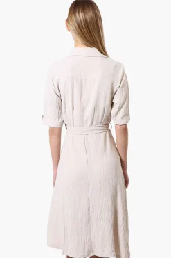 Urbanology Belted Roll Up Sleeve Day Dress - Cream