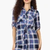 Urbanology Belted Striped Button Down Shirt - Blue