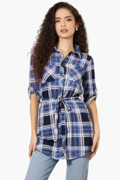 Urbanology Belted Striped Button Down Shirt - Blue