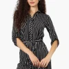 Urbanology Belted Striped Button Down Shirt - Black