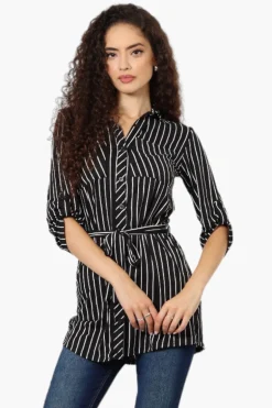 Urbanology Belted Striped Button Down Shirt - Black