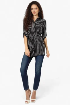 Urbanology Belted Striped Button Down Shirt - Black