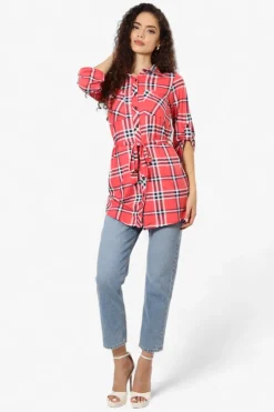 Urbanology Belted Striped Button Down Shirt - Pink