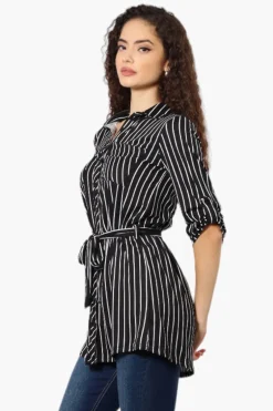 Urbanology Belted Striped Button Down Shirt - Black