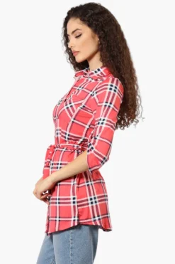 Urbanology Belted Striped Button Down Shirt - Pink