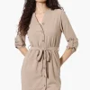 Urbanology Button Down Belted Day Dress - Beige