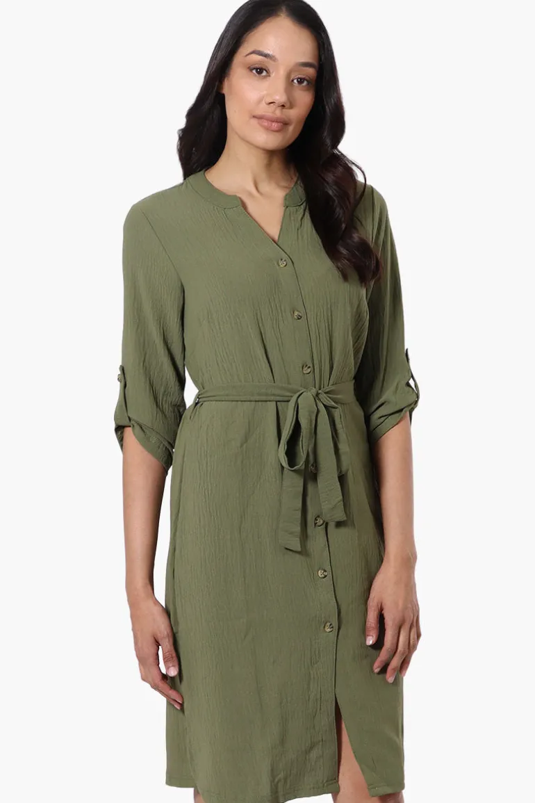 Urbanology Button Down Belted Day Dress - Olive