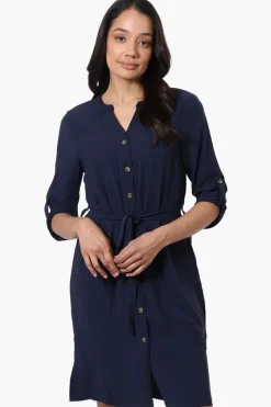 Urbanology Button Down Belted Day Dress - Navy