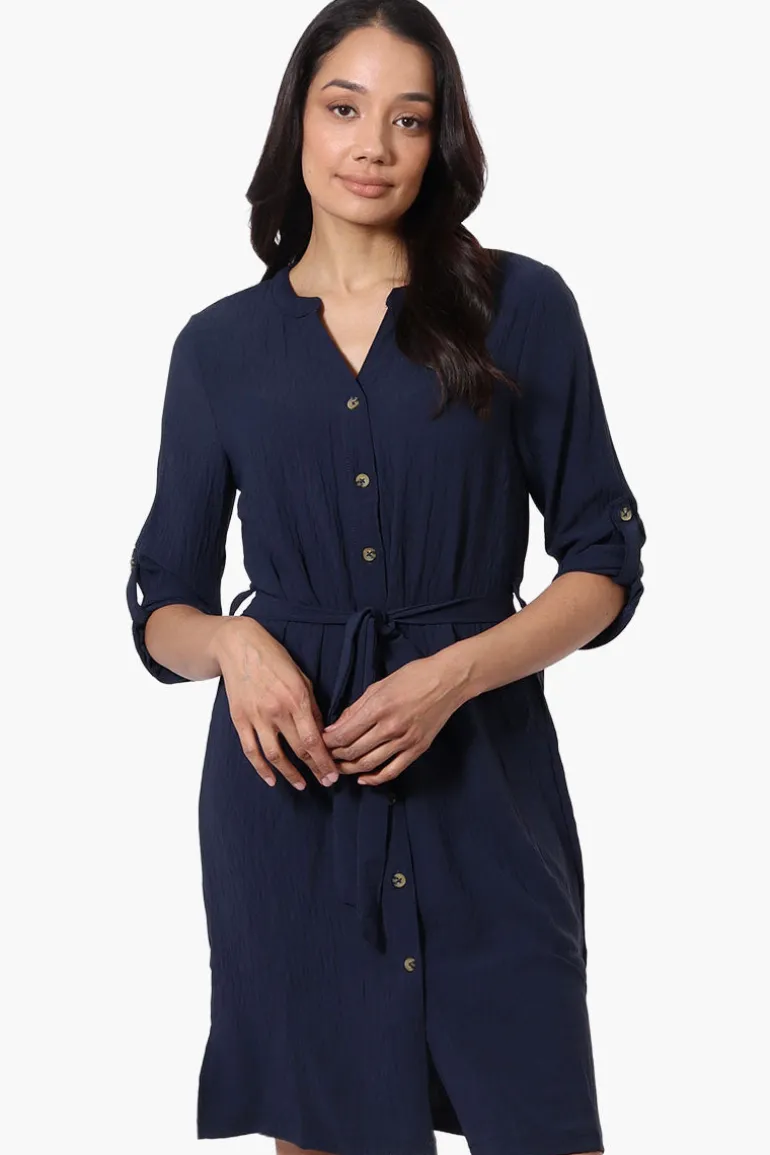 Urbanology Button Down Belted Day Dress - Navy