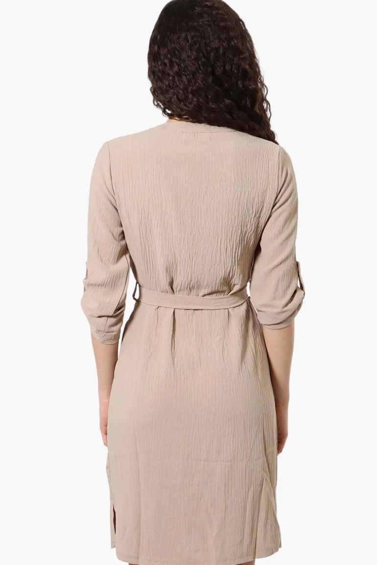 Urbanology Button Down Belted Day Dress - Beige